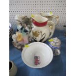 A collection of porcelain, to include three Staffordshire figures, Wedgwood jug, 19th century jug