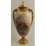 A Royal Worcester covered vase, decorated with Highland cattle by John Stinton, shaped number