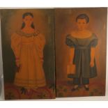 English / American School, unsigned, naive pair of oil paintings, full length portraits of a boy and