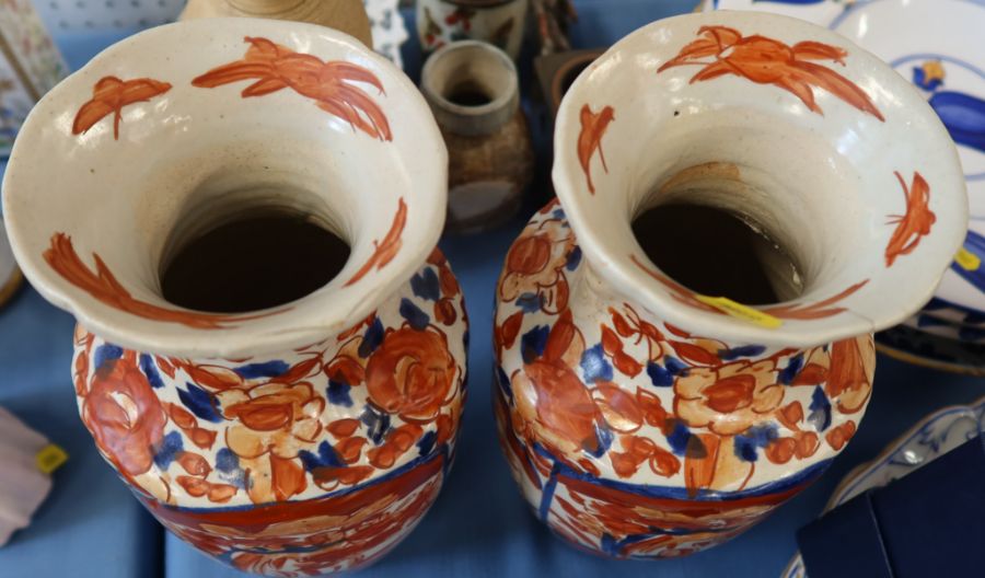 A pair of Imari pattern vases, af, height 12ins - Image 2 of 3