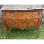 A kingwood and inlaid bombe chest of drawers, with shaped marble top, fitted with two drawers, the