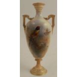 An unmarked Royal Worcester vase, decorated with a bird by Harry Davis (damaged), height 7.5ins