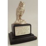 A silver model, of an owl, on a stand, with dedication, London 1969, weight of the owl, including