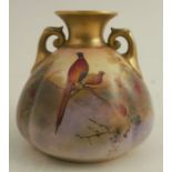 A Royal Worcester quarter lobbed squat vase, decorated with roosting pheasants, shape number H155,