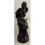 After Carrier-Belleuse, a bronzed resin model of a classical female clutching two birds, height
