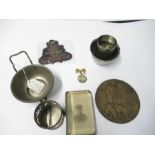 A box containing various items of military ephemera, to include World War 1 death plaque for