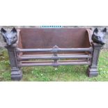 A cast iron fire grate, of rectangular form, with Fox mask decoration, width 36ins