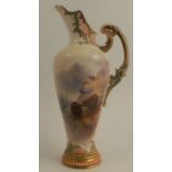 A Royal Worcester ewer, decorated with highland cattle by John Stinton, shape number 1587, circa