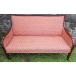 An Edwardian mahogany showwood and upholstered settee, width 53ins