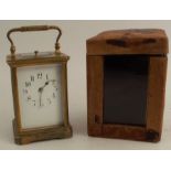 A cased repeating carriage clock, with enamel dial and leather covered travelling case