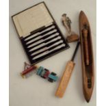 A miniature autographed cricket bat, West Indies 1963, together with a loom shuttle, a cut out of