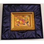 A Royal Worcester rectangular porcelain plaque, decorated with fruit to a mossy background by C