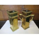 A pair of Continental brass Secessionist style double walled vases, of offset square form, with twin