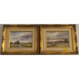 James J Allen, pair of oil on board, Norfolk and Suffolk landscapes with water and buildings, 5ins x
