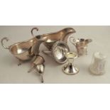 Two hallmarked silver funnels, together with a plated wine funnel, two plated sauce boats, a small