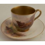 A Royal Worcester coffee can and saucer, decorated with Highland cattle by H Stinton, circa 1917