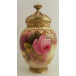 A Royal Worcester crown top pot pourri, decorated with roses by Sedgeley, with inner cover, shape