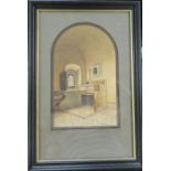 Domenico Pesenti, 1843-1918, arched top watercolour, the interior of a monk's study, or cell, signed