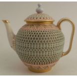 A Royal Worcester reticulated teapot, in the manner of George Owen, with turquoise and pearl