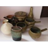 Ten various art pottery handled bowls and vases