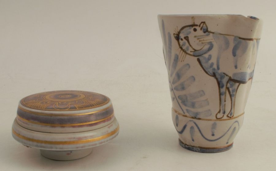 Mary Rich, lidded porcelain pot, width 4ins x height 2ins, together with Andrew McGarva, earthenware