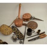A collection of metalware, to include horse brasses, chestnut roaster, carving set etc