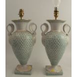 A pair of Herend style swan handled, feather green scaled table lamps, height approx 18ins