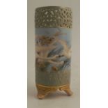 A Royal Worcester cylindrical vase, with pierced upper body, decorated with swans to a powder blue