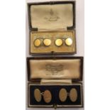 A pair of 18 carat gold part enamel cuff links, 4gms, together with a 9ct gold pair, engraved with a