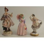 A Royal Doulton figure, Miss Demure, together with two Continental porcelain figurines