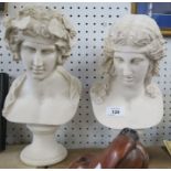 A pair of modern composition busts, in the Classical style, on socle bases, height 12ins