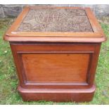 A Victorian mahogany box commode, with carpet to the top, 19ins x 18ins, height 18ins
