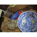 A box of mixed silver plated items together with two blue and white plates