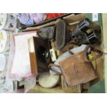 A box of assorted items, to include binoculars, pocket blow lamp, maps etc