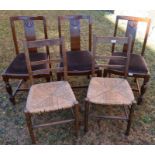 Three dining chairs, with splat back drop in seats, and raised on turned legs, together with two