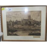 Waller W Blisyels?, dry point etching view across river of Worcester Cathedrals, 7.5ins x 10.75ins