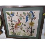 An embroidered picture, of a bird and flowers, framed, 18ins x 20ins