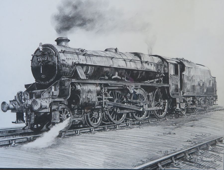 A L Hammonds, charcoal on paper, RAF Biggin Hill engine on Severn Valley Railway, 15ins x 20ins - Image 2 of 3