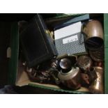 A box of mixed metalware, to include silver plate, copper etc