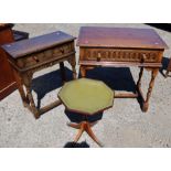 A reproduction oak sidetable, with carved decoration to the frieze drawer, 30ins x 19ins x height