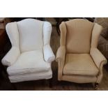 A Multiyork wing back armchair, with fire labels, together with another wing back armchair, with