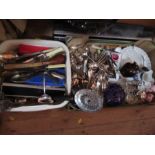 Two boxes of assorted cutlery, together with china and kitchen ware etc