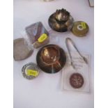 A pair of silver plated egg cups, a pill box, commemorative coin etc