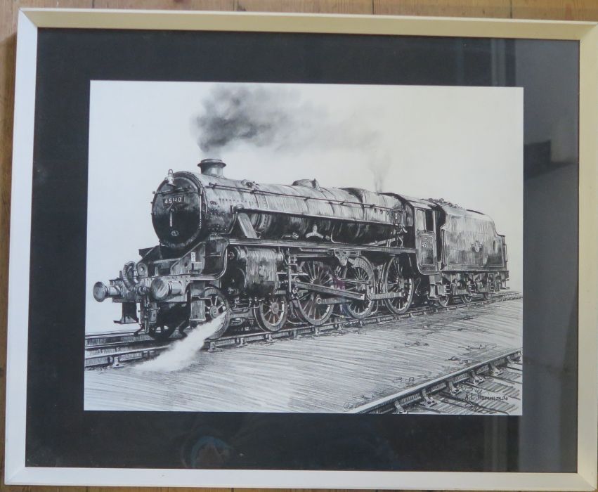 A L Hammonds, charcoal on paper, RAF Biggin Hill engine on Severn Valley Railway, 15ins x 20ins