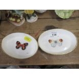 Two Royal Worcester oval pin dishes decorated with a butterfly by Smith, maximum diameter 4.5ins