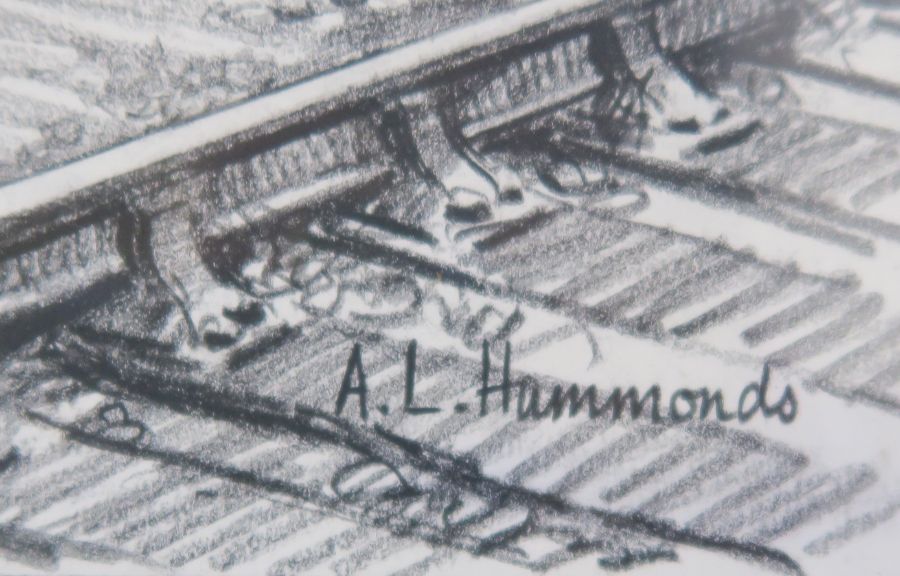 A L Hammonds, charcoal on paper, RAF Biggin Hill engine on Severn Valley Railway, 15ins x 20ins - Image 3 of 3
