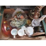A box of assorted items to include a silver vesta case, carnival glass bowl etc