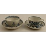 An 18th century Worcester cup and saucer, decorated in a blue flower and leaf pattern, crescent