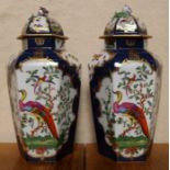 A pair of 18th century covered hexagonal vases, decorated with reserves of fabulous birds and