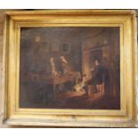 An Antique oil on canvas, interior tavern scene with men seated round a table by a fire with dogs,